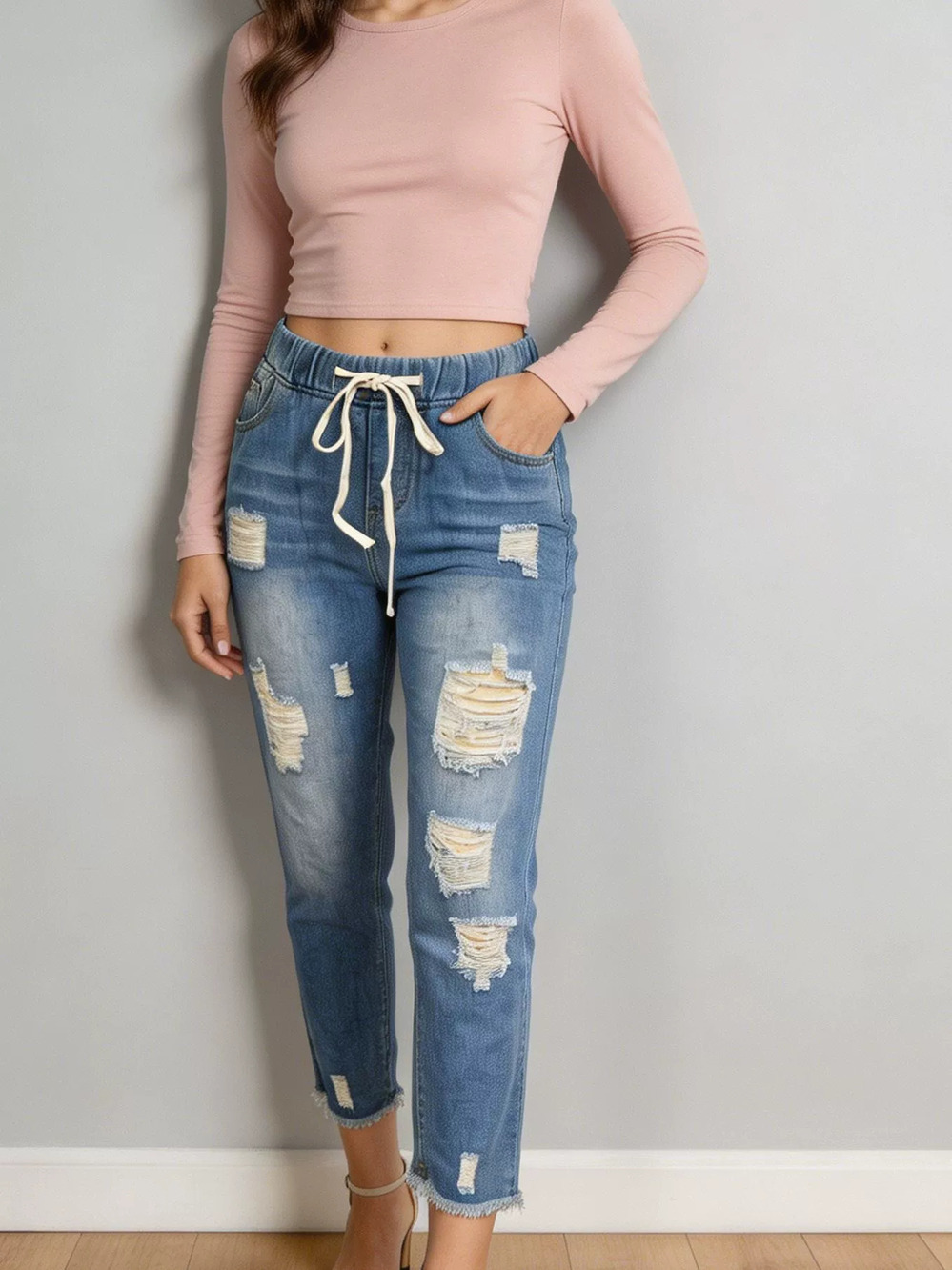 ZARA Comfortable Womens Ripped Drawstring Elastic Waist Cropped Jeans